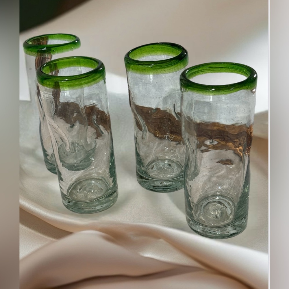 Set of mid Century  Hand Blown Emerald Green Glass Tumbler High Ball Glass Set.